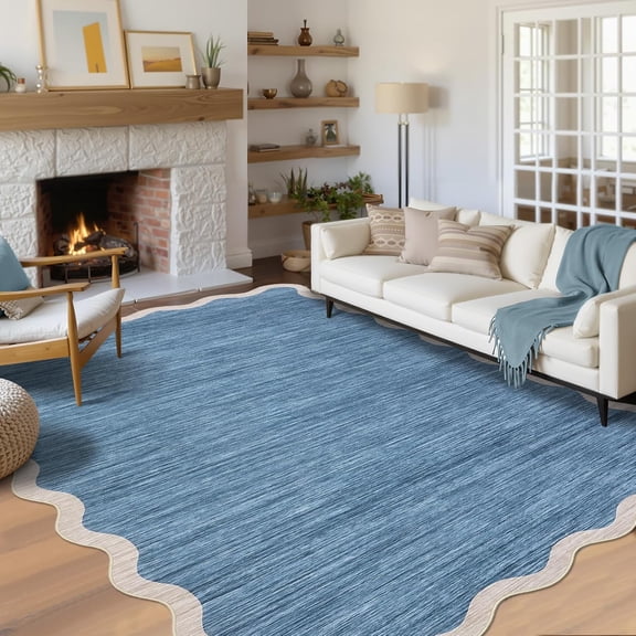 Modern Solid Rugs 6x9 Area Rug for Living Room Washable Non-Slip Neutral Throw Carpet Low-Pile Scalloped Rugs Stain Resistant Soft Accent Carpet for Bedroom Dinning Room Grey Blue