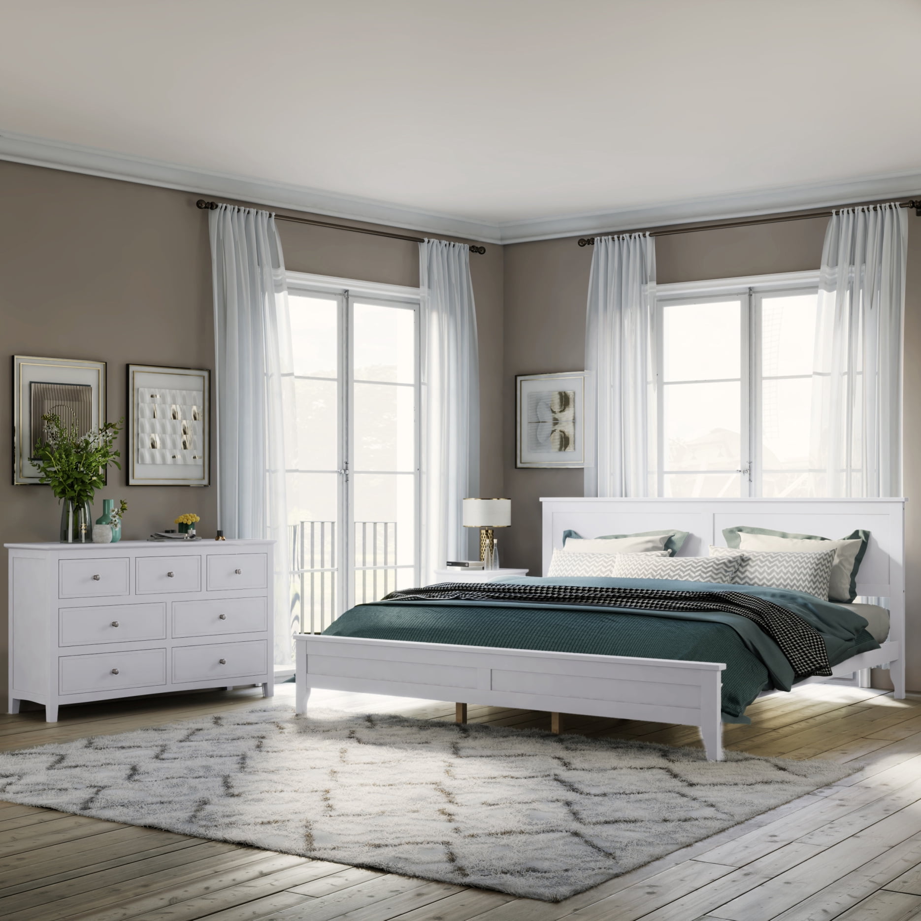 Modern Solid Wood 3 Pieces King Size Bedroom Sets, Bed with Headboard ...