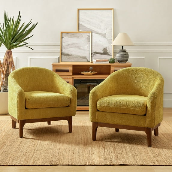 Upholstered Armchair 2 Pieces Boucle Fabric Solid Wooden Legs Living Room Bedroom Yellow