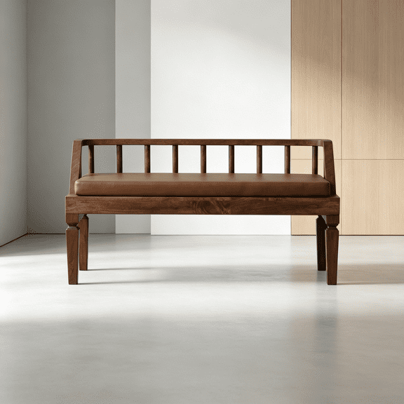 Modern Solid Wood Bench with Leather Upholstery for Bedroom, Living Room, Entryway, Brown Mango Wood Storage Ottoman