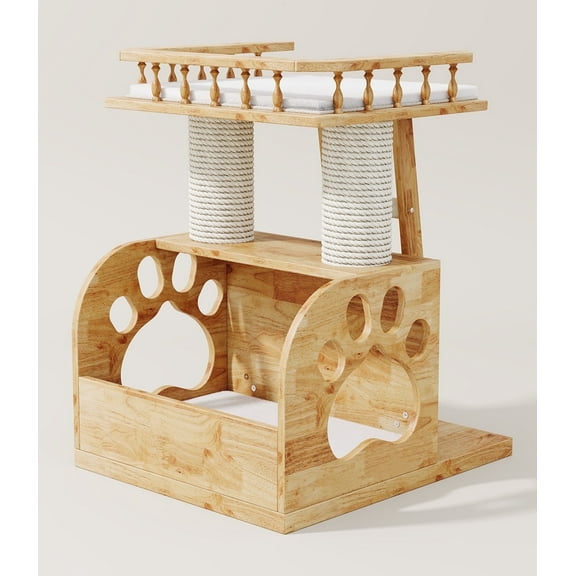 Modern Solid Wood Cat Tree Tower, 25" Luxury Cats Trees Condo with Scratching Post, 2 Level Heavy Duty for Cat Tower Indoor Cats Adults, Natural Cats Tree House with Washable Cushions