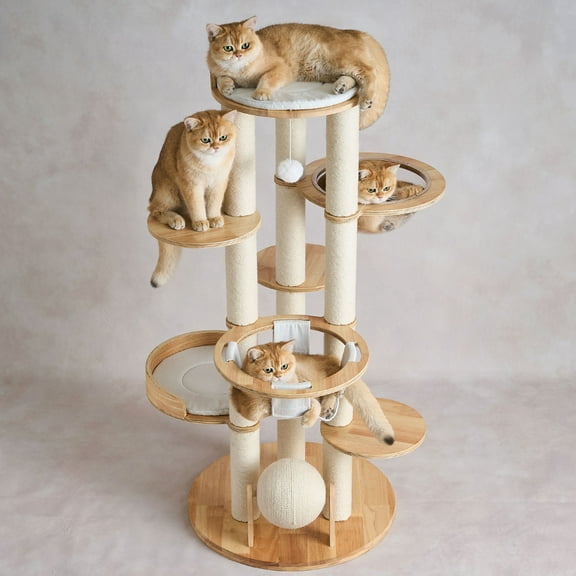 Modern Solid Wood Cat Tree Tower, 54" Tall Cat Tree with Sisal Scratching Posts, Capsule&Hammock, Luxury Natural Oak Wooden Cat Tower, Aesthetic Multi-Level Cat Climbing Tree for Large Indoor Cats