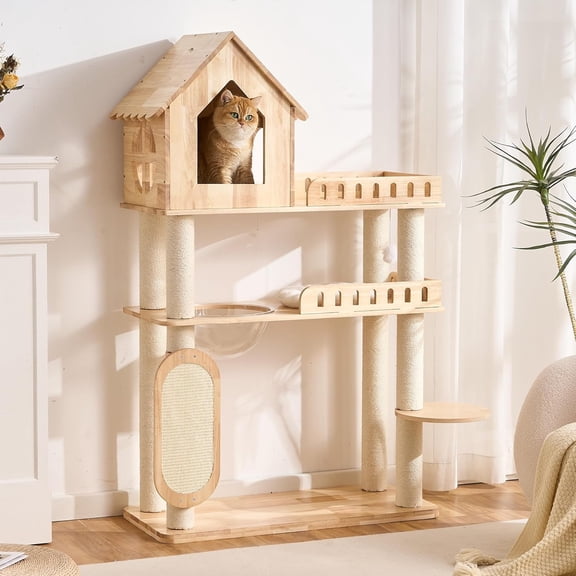 Modern Solid Wood Cat Tree Tower for Indoor Cats Large Adult, 58 inch Corner Cat Tree with Cat House, Luxury Aesthetic Cat Tree with Space Capsule, Large Perch, Sisal Scratching Pad Post