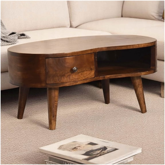 Modern Solid Wood Coffee Table with Drawer, Chestnut Brown Wave Design, Open Shelf, Scandinavian Bedroom End Table