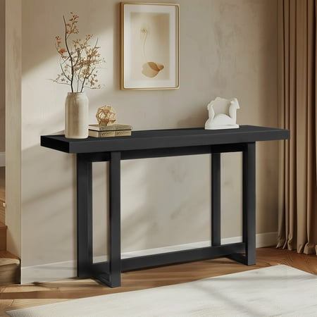 Modern Solid Wood Console Table, 59 Inch Entryway Sofa Table with Concrete Textured Top for Hallway Living Room Bedroom - Black