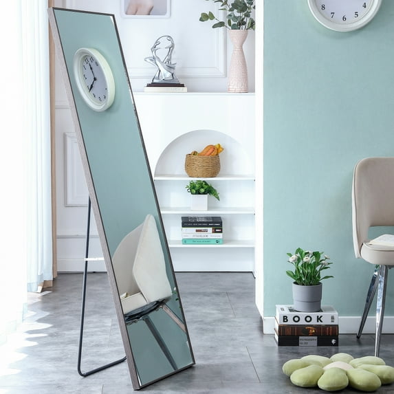 Modern Solid Wood Frame Full-length Mirror, Floor To Ceiling Mirror, Wall Mounted Dressing Mirror, For Bedroom, Porch, Clothing Store, Gray + Black, 58" * 15"