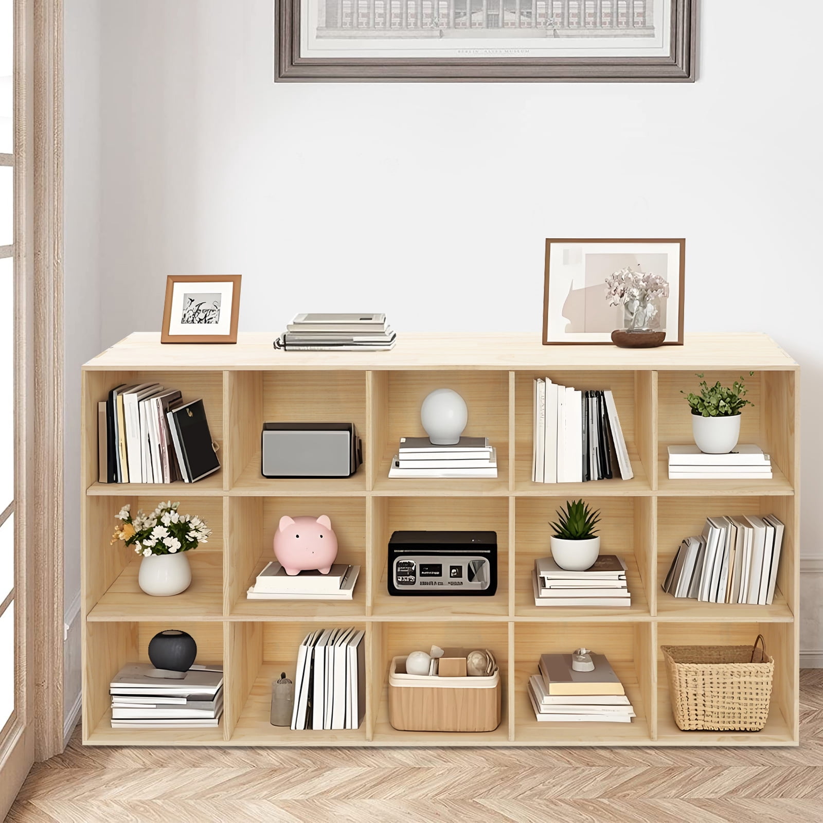Modern Solid Wood Organizer, 59.06x11.81x35.43in 15-Cube Unit, Easy Assembly & Smooth Finish, Great for Dorms/Offices/Milk Tea Shops