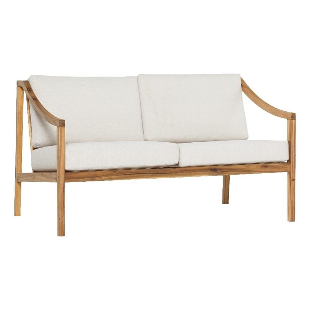 Natural Solid Acacia Wood Curved Arm Outdoor Loveseat with Beige Cushions