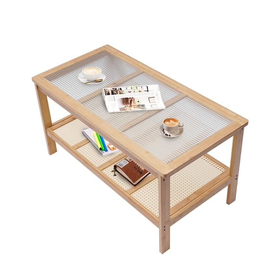 Modern Solid Wood Rectangle Coffee Table 2-Tier Glass Top Living Room Furniture