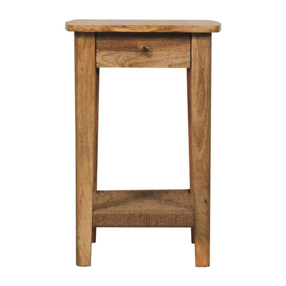 Modern Solid Wood Rope End Table In Brown Color With Drawer Square Storage Compartment