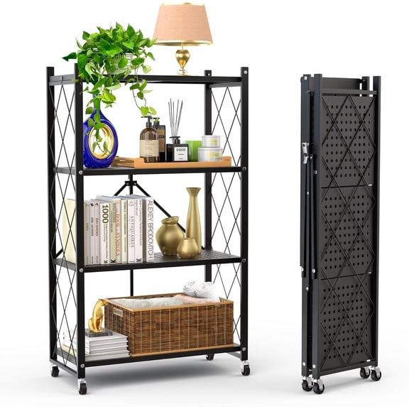 Tool-free foldable metal storage rack with 360 swivel wheels; a mobile storage cart and multifunctional organizer for the kitchen or living roomrust-proof, waterproof, and stable.