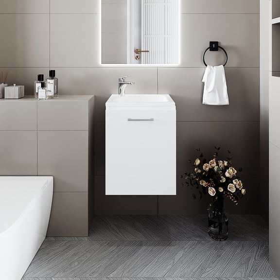 Modern Space Bathroom Vanity, White - Wall Mounted With Integrated Sink And Scratch- Finish Vanity Faucet, Mounted, Space Saving,