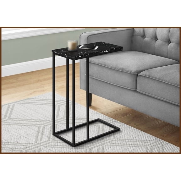 Modern Space-Saving C-Shaped Coffee Table - Black Marble Look, Stable Metal Base, Easy to Slide Under Sofa