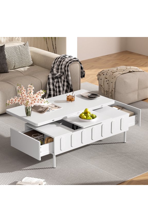 Lift-Top Coffee Table Metal, 3-in-1 Space Saving Design with Hydraulic Lift Mechanism, Hidden Storage & 2 Drawers for Living Room, Apartment, White