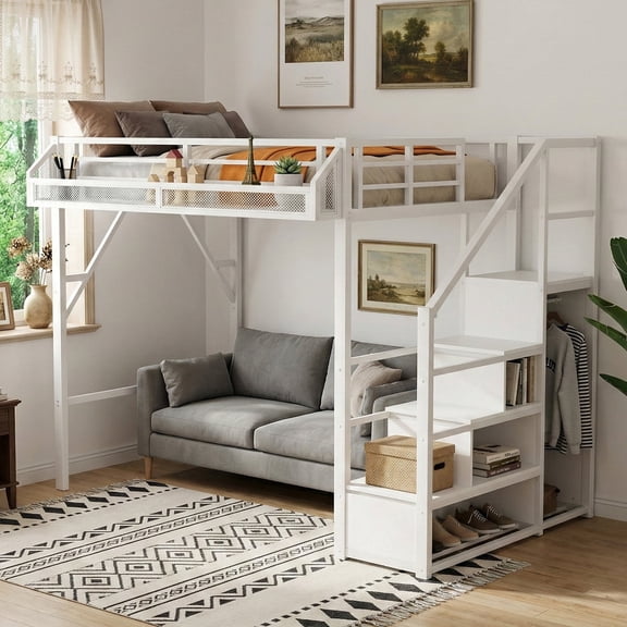 Modern Space-Saving Metal Full Size FIRSCOOK Loft Bed with Storage Stairs, Upper Shelf and wardrobe for Bedroom, Guest Room and Apartment, White