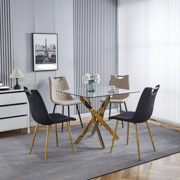 Modern Space-Saving Square Glass Dining Kitchen Table with Cross Metal Legs Easy Clean Tempered Glass for Small Spaces, Living Room, Dining Room, 35.4" x 35.4" x 29.1"