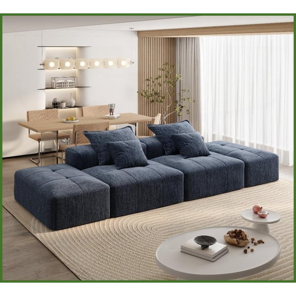Modern Sparkling Chenille 4-PC Modular Sectional Sofa with Ottomans - No Assembly, Blue for Living Room
