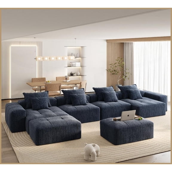 Modern Sparkling Chenille Oversized Modular Sectional Sofa - No Assembly, 8 PCS DIY, for Living Rooms (Blue)