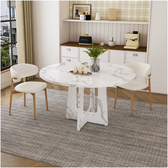 Modern Spiced Round Dining Table, 47.24 Inch Farmhouse Table with White Marble Finish, MDF and Iron Construction, High Capacity for Kitchen and Dining Room