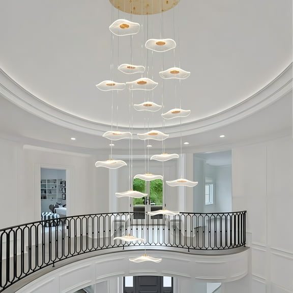 Modern Spiral Lotus Leaf Chandelier - Dimmable 18-Light LED Pendant with Remote for High Ceilings