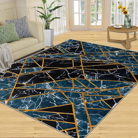 Modern Spliced ​​Marble Area Rug, Blue Black Golden Geometric Area Rug For Bedroom, Interior Rugs Soft Low Pile Washable Rugs For Living Room Apartment Office 4 x 5ft