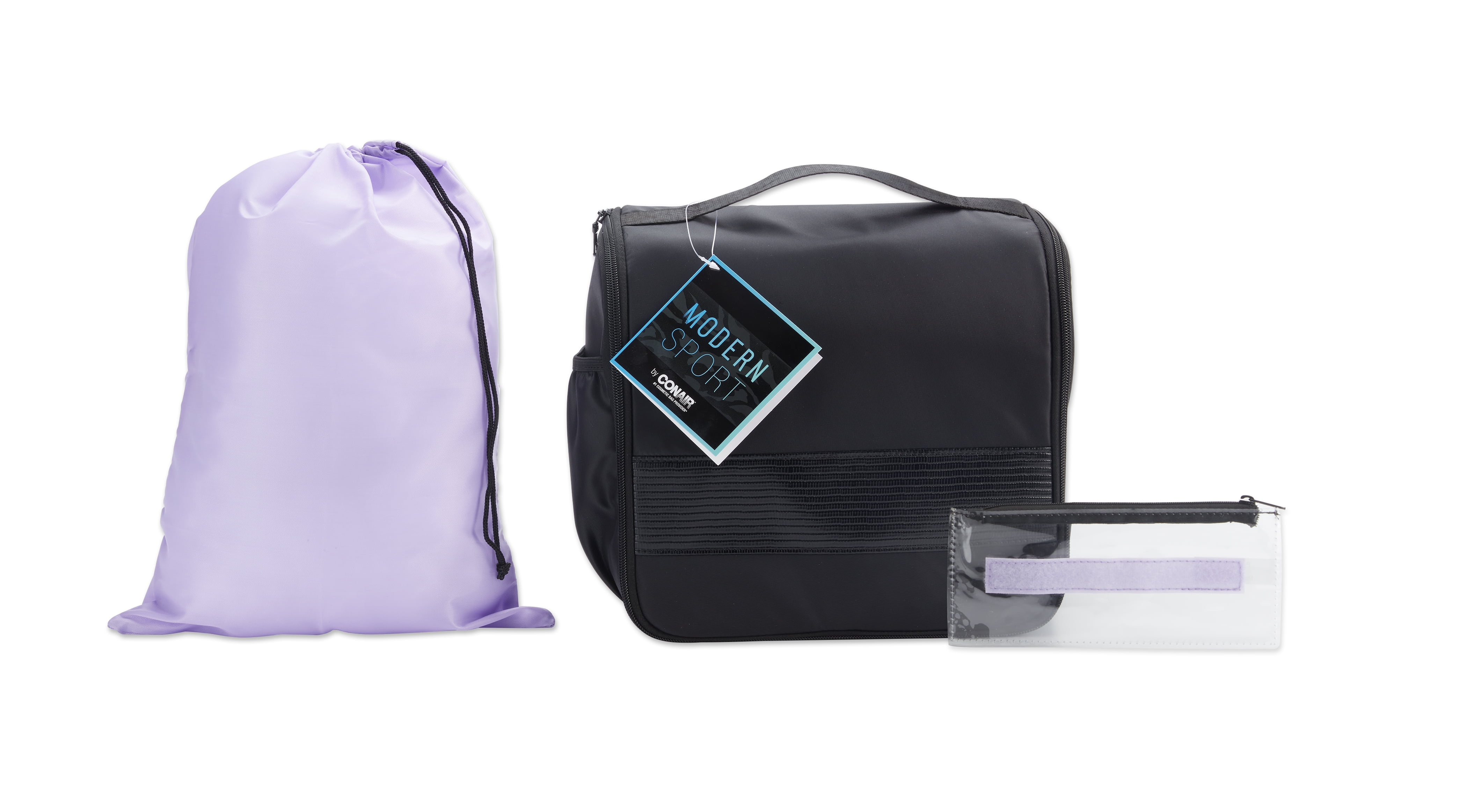Modern Sport Hanging Toiletry Bag with Zipper, Drawstring Bag, and Clear Pouch, Black & Lavendar (3pc)