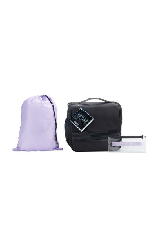 Modern Sport Hanging Toiletry Bag with Zipper, Drawstring Bag, and Clear Pouch, Black & Lavendar (3pc)