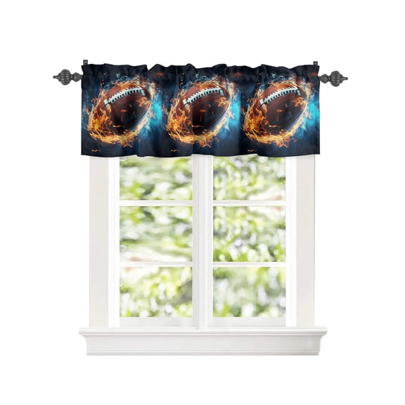 Modern Sport Rugby Hat Fire Window Valances for Kitchen,Rod Pocket Valance Privacy Small Curtain,Sports Theme Flame Window Treatment Drapes for Bedroom Laundry Room Farmhouse Home Decor 42x12in