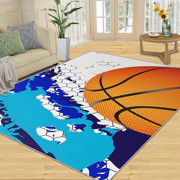 Modern Sports Basketball Area Rug, Blue Honeycomb Texture Indoor Non Slip Kids Area Rugs, Machine Washable Carpet for Boy Living Room Bedroom Children's Room Dormitory Floor Mat 2 x 3ft