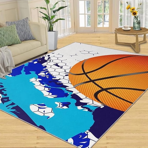 Modern Sports Basketball Area Rug, Blue Honeycomb Texture Indoor Non Slip Kids Area Rugs, Machine Washable Carpet for Boy Living Room Bedroom Children's Room Dormitory Floor Mat 5 x 8ft