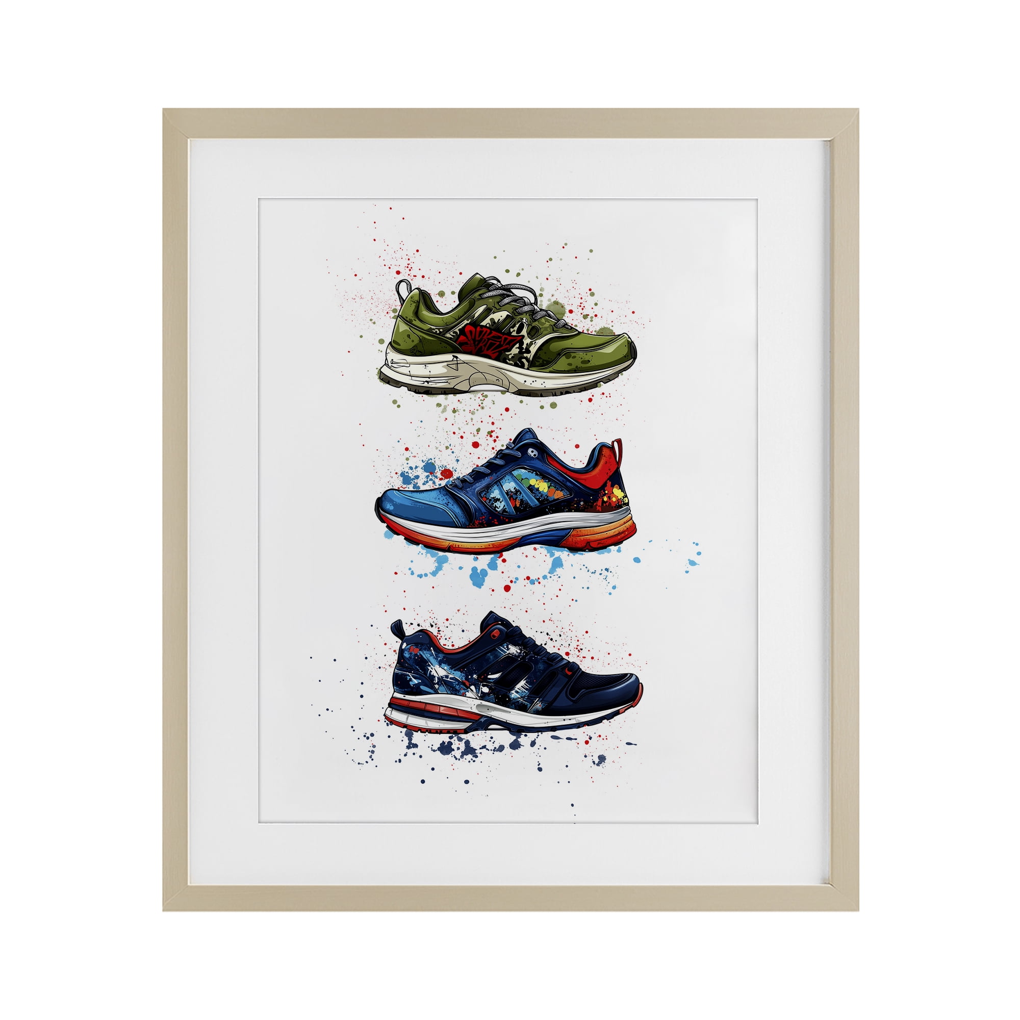 Modern Spray Sneakers Birch Framed Print Under Glass, design by Christine Simpson Art