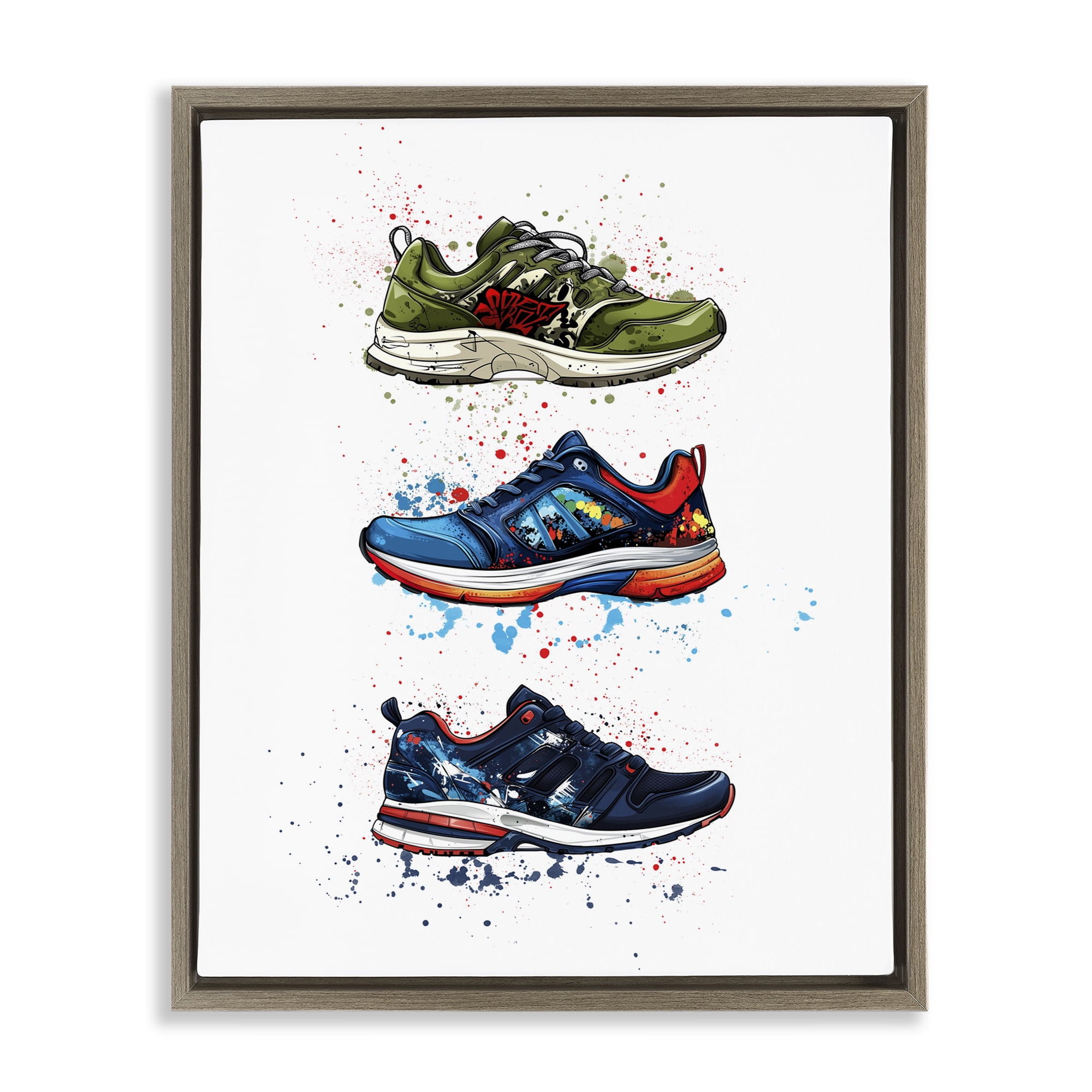 Modern Spray Sneakers Brown Framed Floater Canvas Wall Art, design by Christine Simpson Art