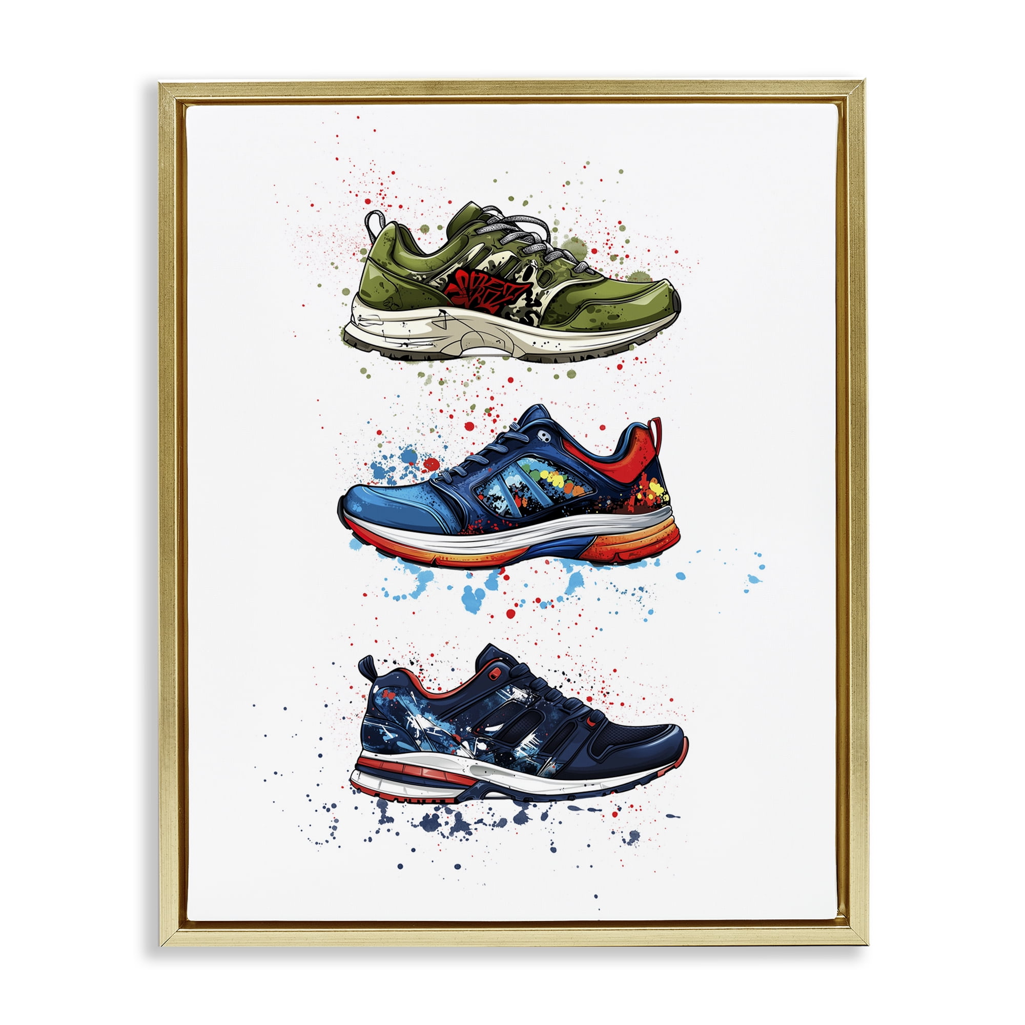 Modern Spray Sneakers Gold Framed Floater Canvas Wall Art, design by Christine Simpson Art