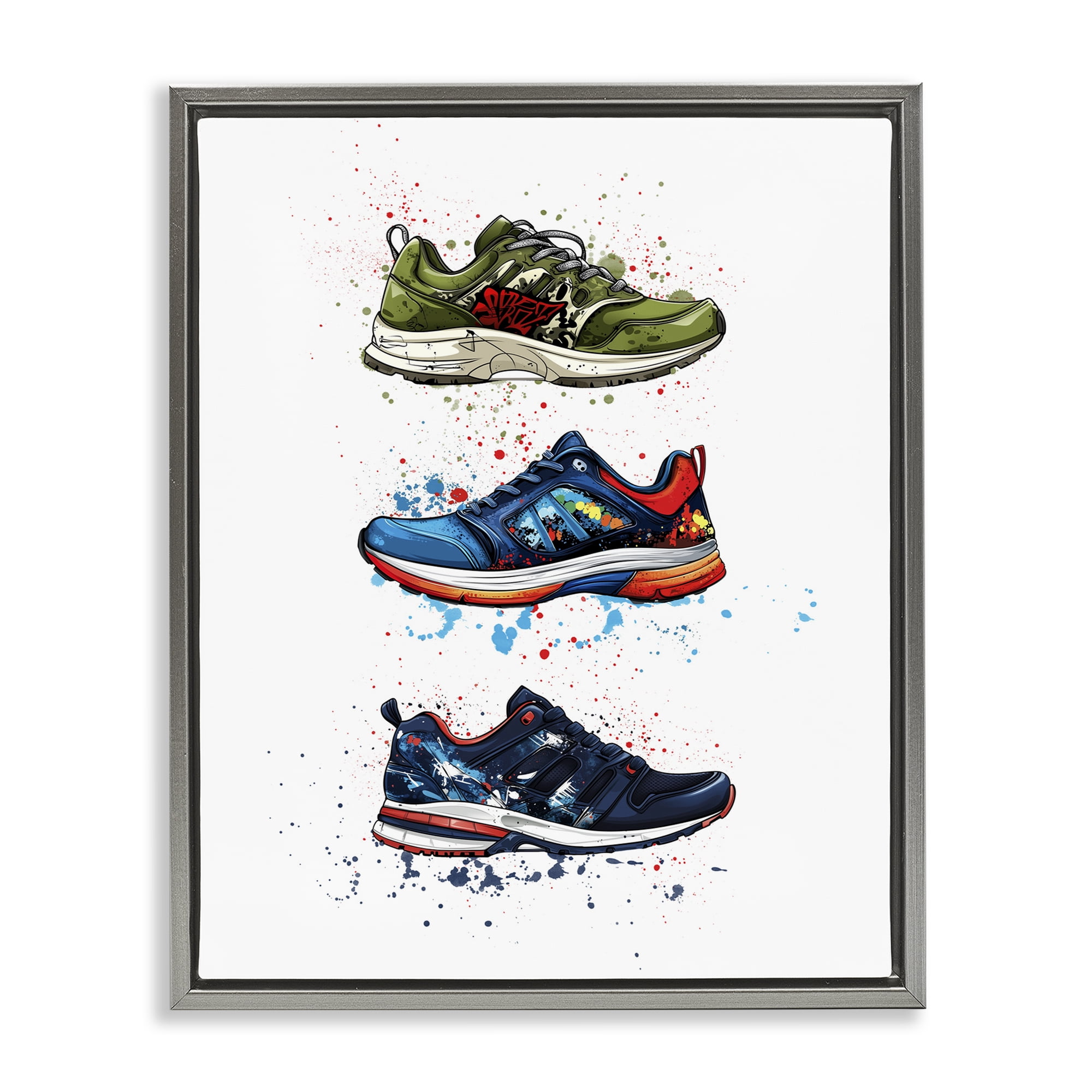 Modern Spray Sneakers Gray Framed Floater Canvas Wall Art, design by Christine Simpson Art