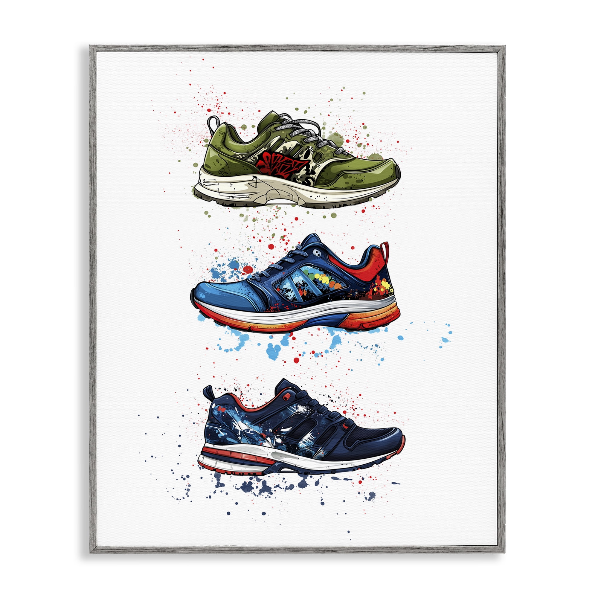 Modern Spray Sneakers Gray Framed Giclee Art, design by Christine Simpson Art