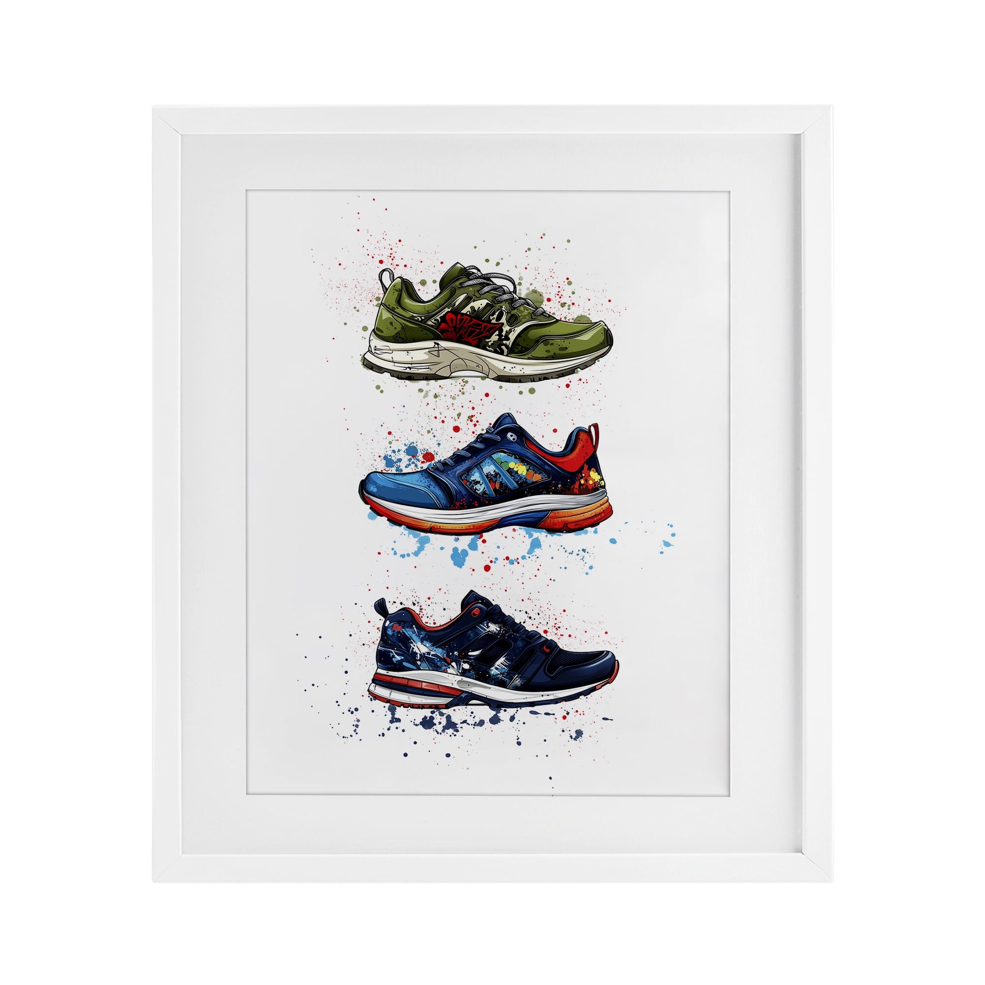 Modern Spray Sneakers White Framed Print Under Glass, design by Christine Simpson Art