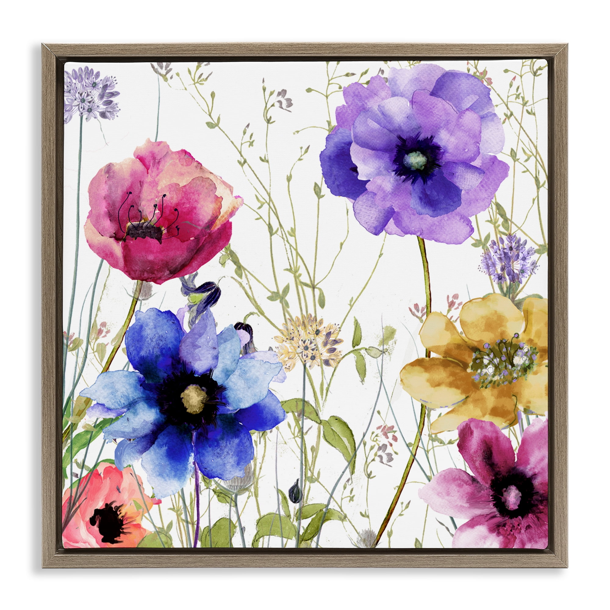 Modern Spring Garden Flowers Brown Framed Floater Canvas Wall Art, design by Sasha