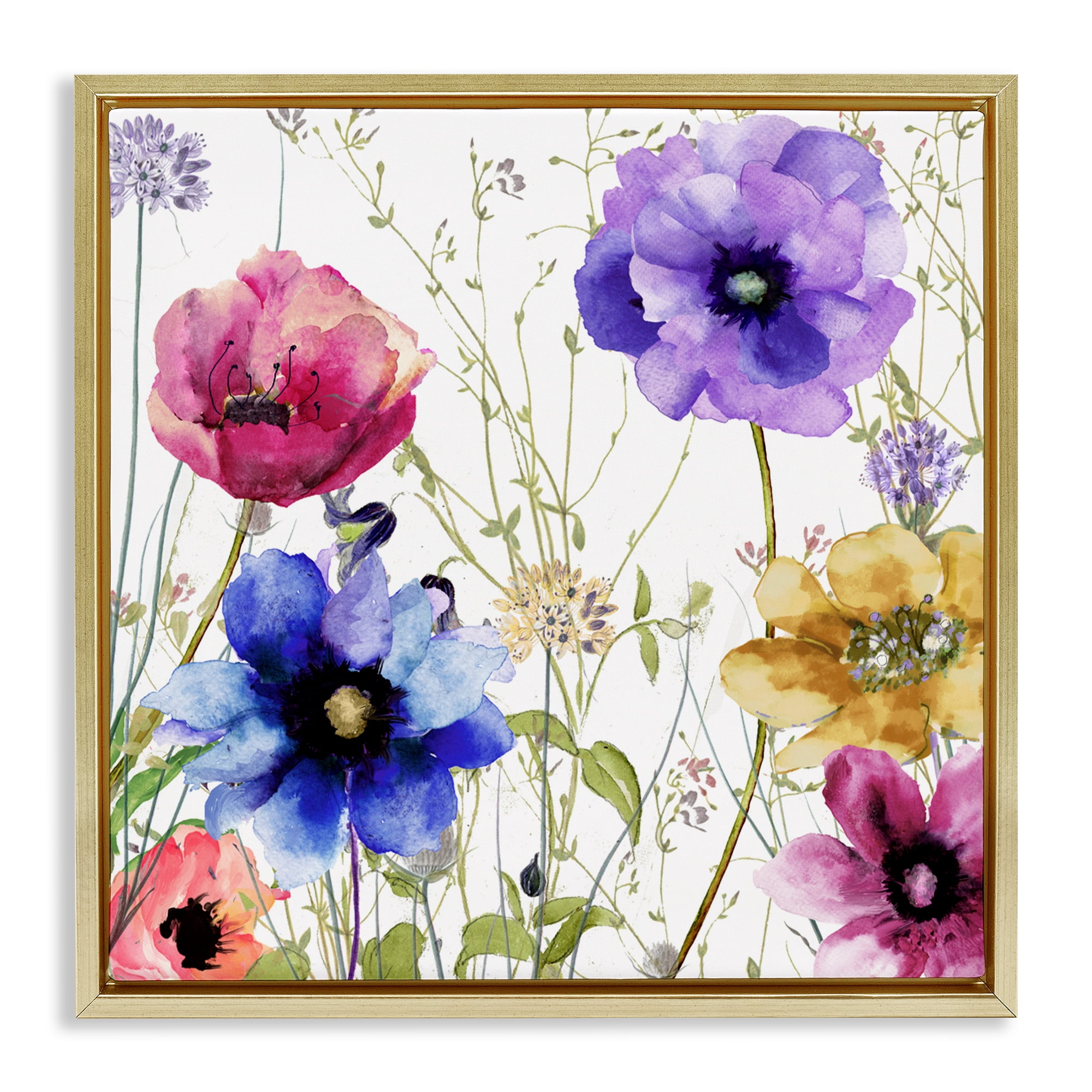 Modern Spring Garden Flowers Gold Framed Floater Canvas Wall Art, design by Sasha