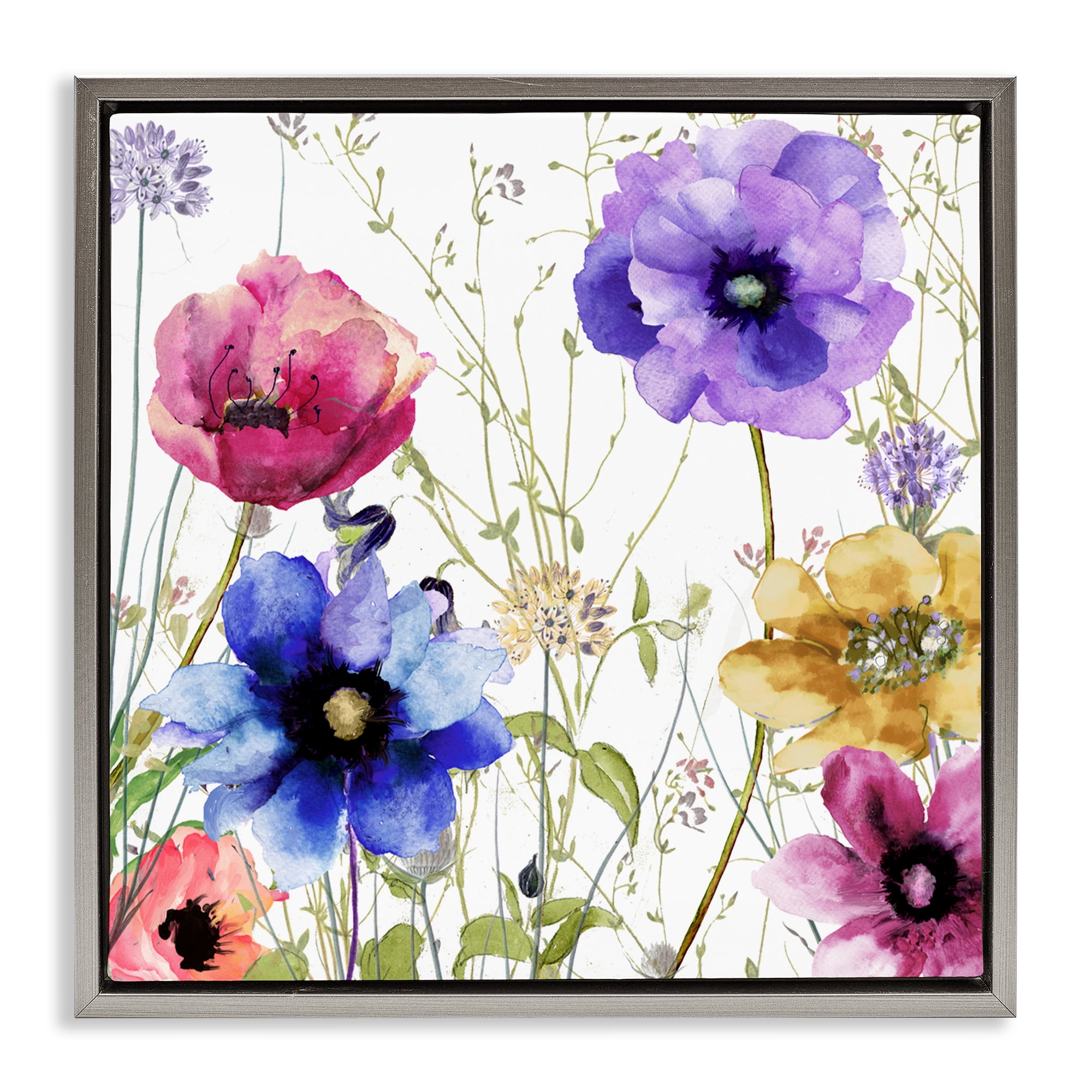 Modern Spring Garden Flowers Gray Framed Floater Canvas Wall Art, design by Sasha