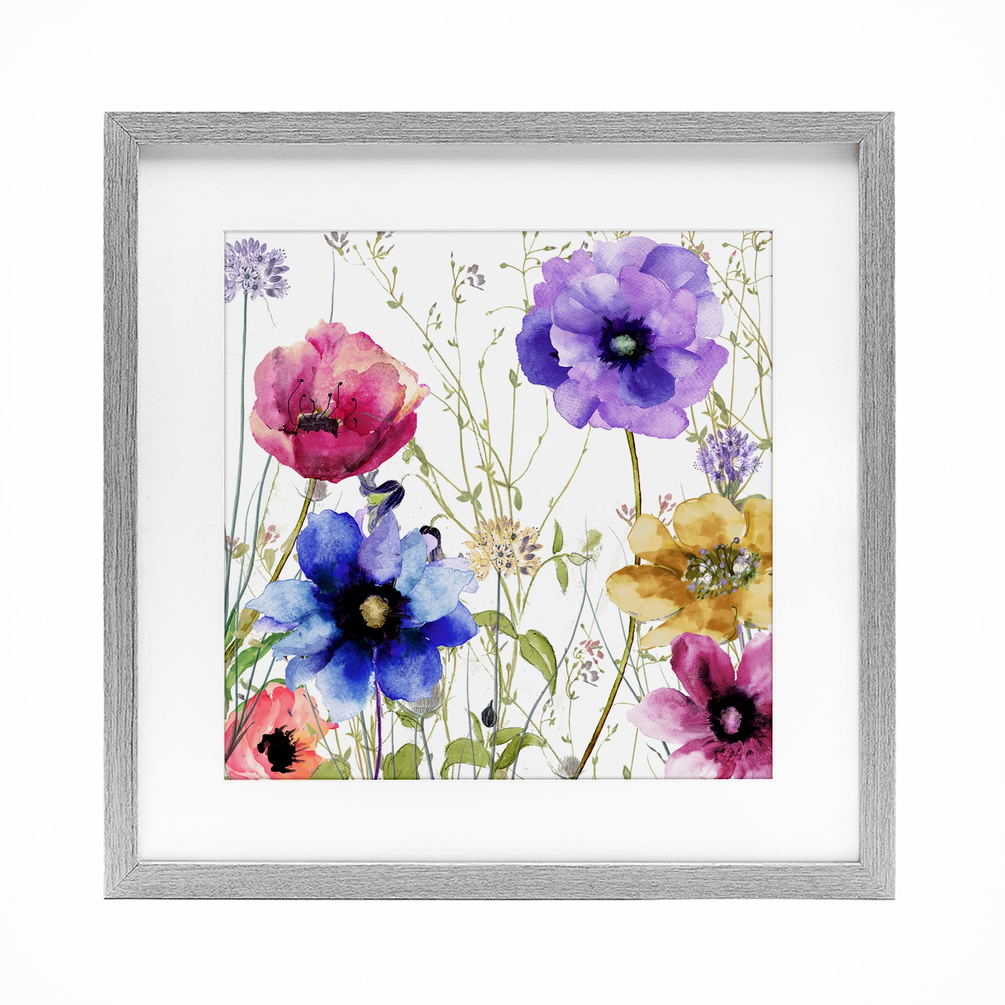 Modern Spring Garden Flowers Gray Framed Print Under Glass, design by Sasha