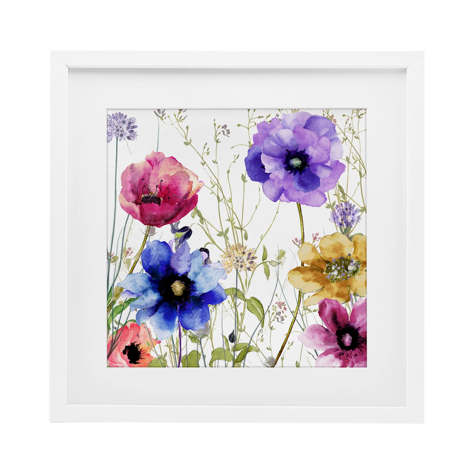Modern Spring Garden Flowers White Framed Print Under Glass, design by Sasha