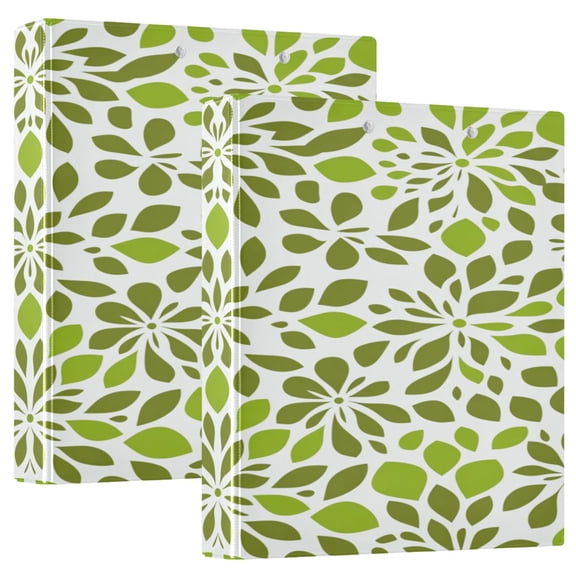 Modern Spring Green Leaves 12.4x10.6in PVC Round Ring Binder, D-Ring 3-Hole, Metal Clip, 200 Sheets