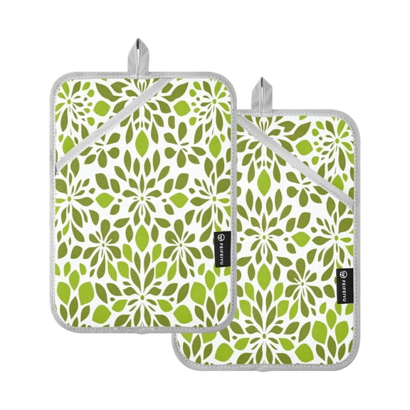 Modern Spring Green Leaves 7x9.8in Pot Holder Set Heat-Resistant Oven Hot Pads Durable with Storage Loop
