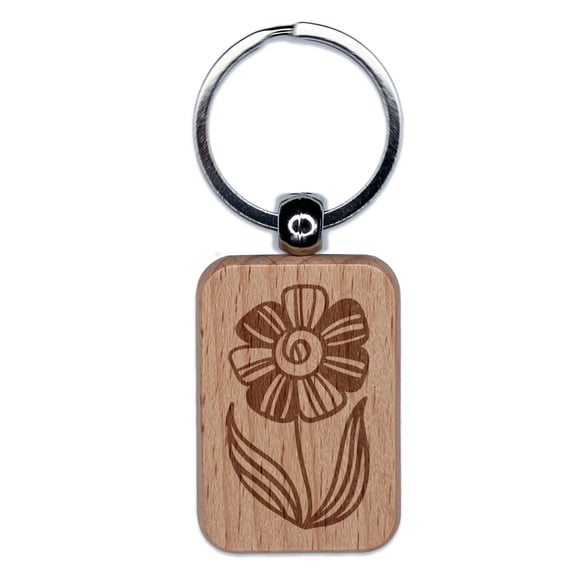 Modern Spring Summer Flower Rectangle Keychain Charm Tag - Engraved Wood