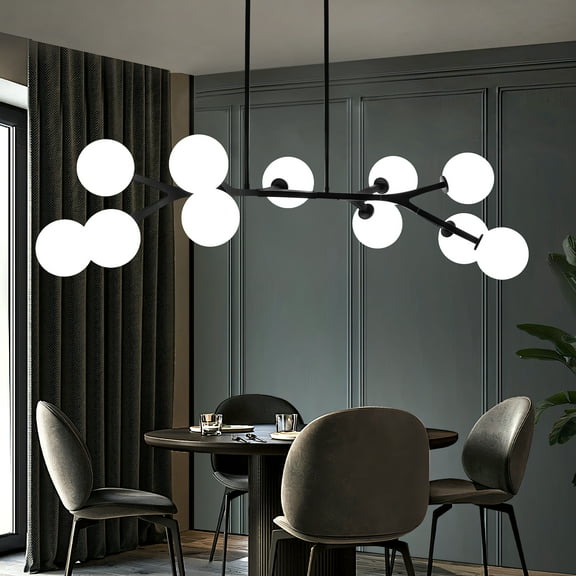 Modern Sputnik Chandelier 11-Light Pendant Light Dimmable Black Ceiling Light Fixture White Globe Shades Ideal for Living Room Dining Room Bedroom
