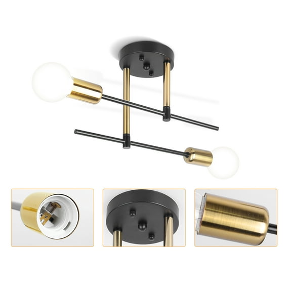 Modern Sputnik Chandelier, 2-Light Black and Gold Ceiling Light Fixture, Industrial Dining Room Light Fixture for Bedroom, Kitchen, Living Room, Hallway, E26 Base, Bulbs Not Included