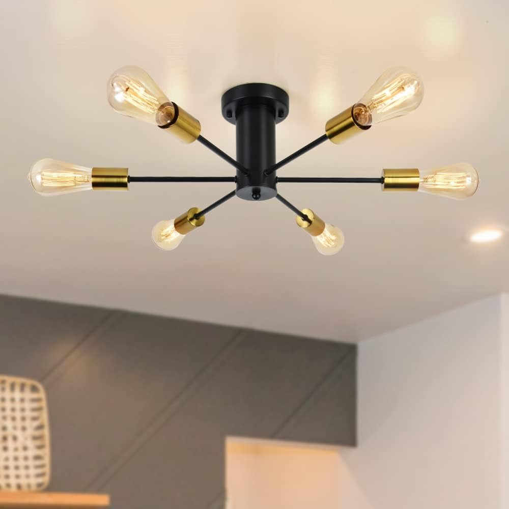 Black and Gold Metal Sputnik Flush Mount Chandelier, 22"