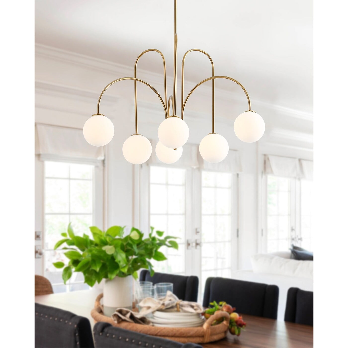Gold 6-Light Sputnik Chandelier with White Glass Globes
