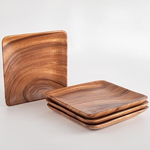 Modern Square Acacia Wood Plate/Chargers (Set of 4): Handmade Modern Style Wooden Dinner Server Trays Eco-Friendly Sustainably Made Kitchen & Dinnerware for BBQs & Picnics (Standard)
