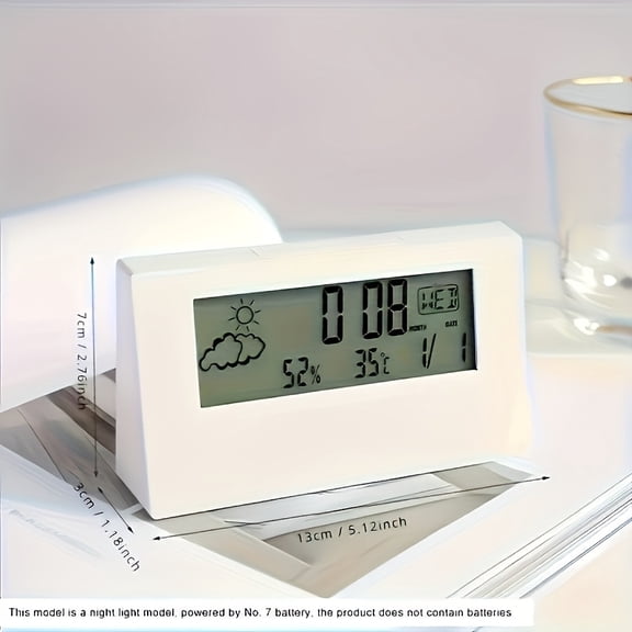 Modern Square Alarm Clock with Temperature, Humidity & Weather Icons - Snooze, Battery Operated, Transparent Design for Minimalist Home Decor